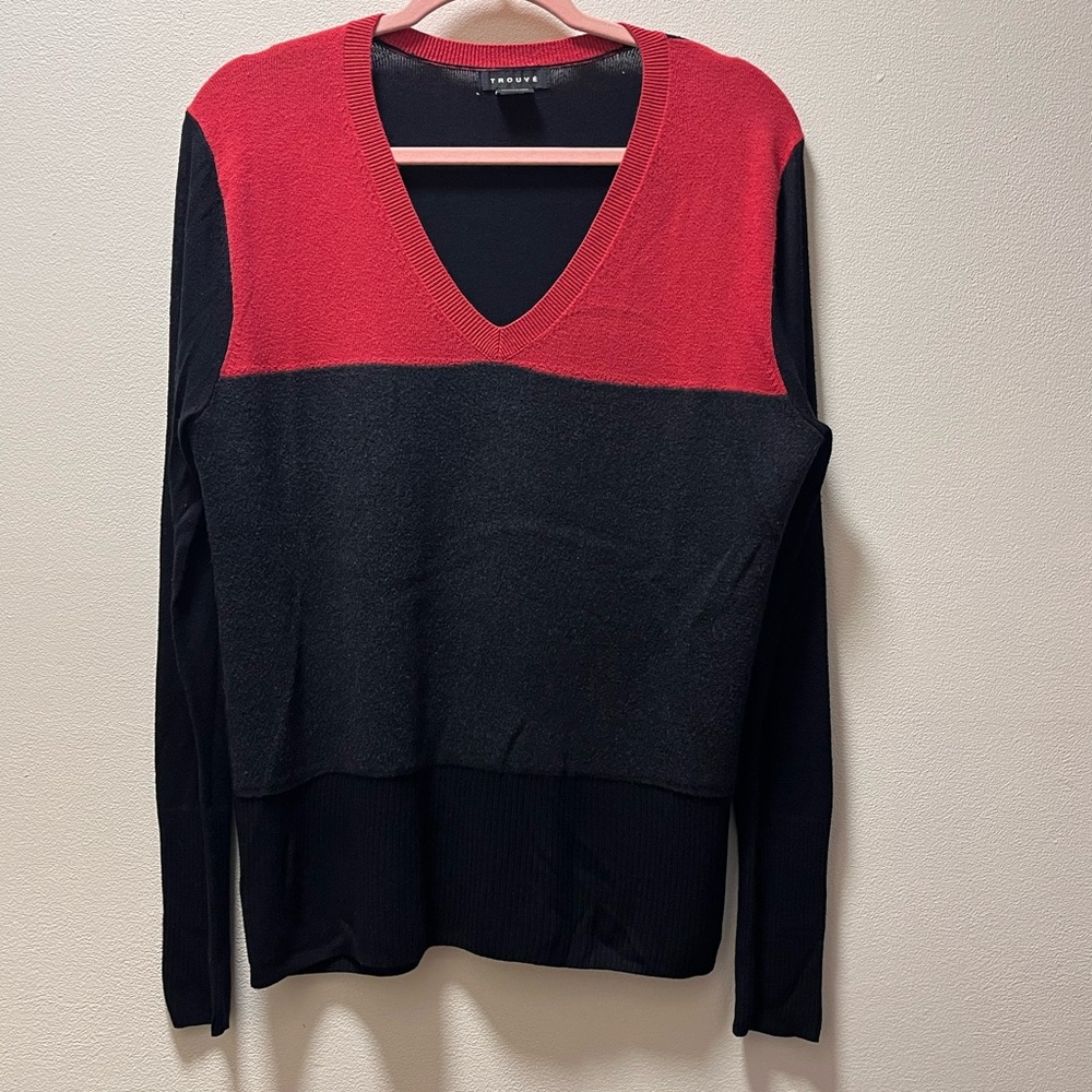 Trouve Wool Blend Smart Casual Pullover Long Sleeve Sweater, M, Red/Gray/Black